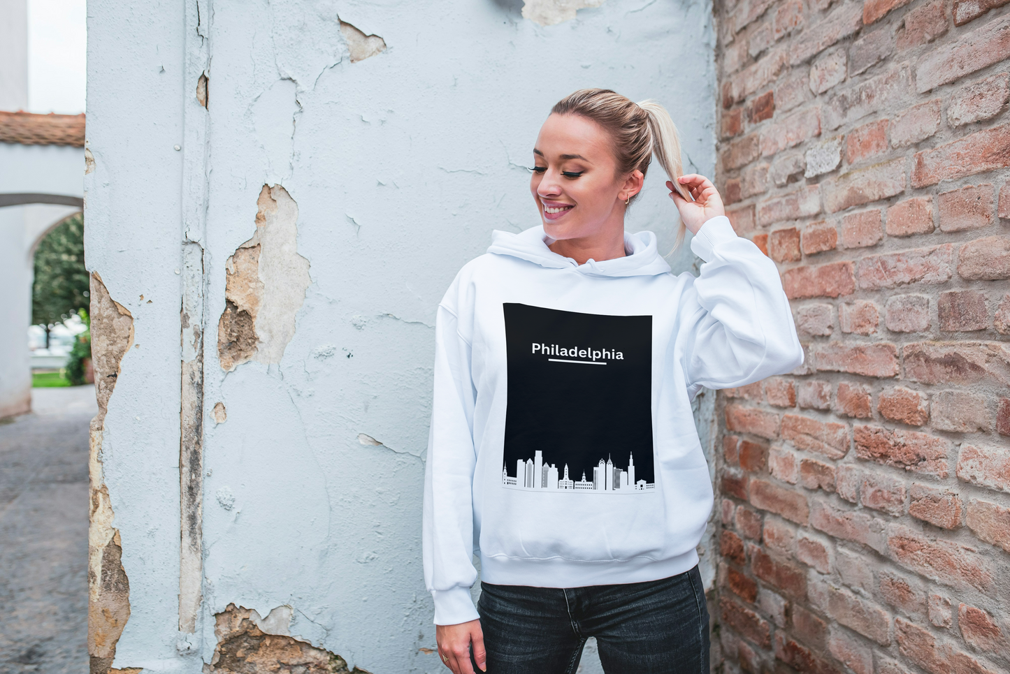 Unisex Lightweight Hooded Sweatshirt with Philly Vibes Black & White City View Comfortable, and Perfect for Urban Vibes and Everyday Wear!