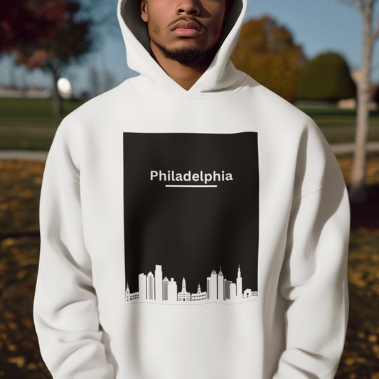 Unisex Lightweight Hooded Sweatshirt with Philly Vibes Black & White City View Comfortable, and Perfect for Urban Vibes and Everyday Wear!