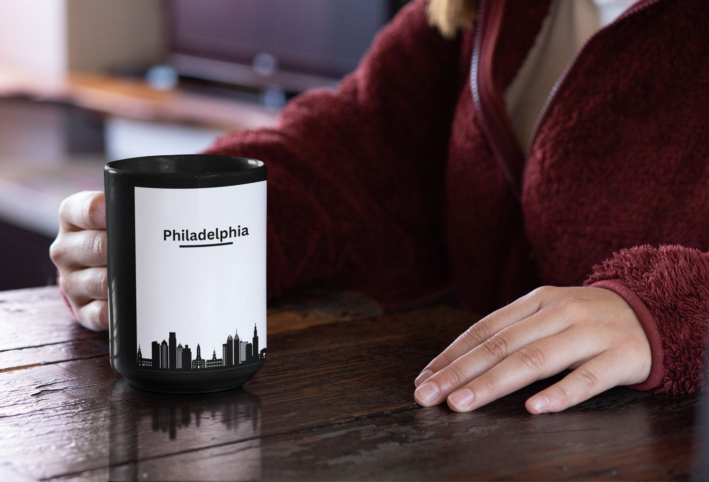 Black Mug with Stunning Philadelphia City View  Perfect for Coffee Lovers and City Enthusiasts! (11oz, 15oz)