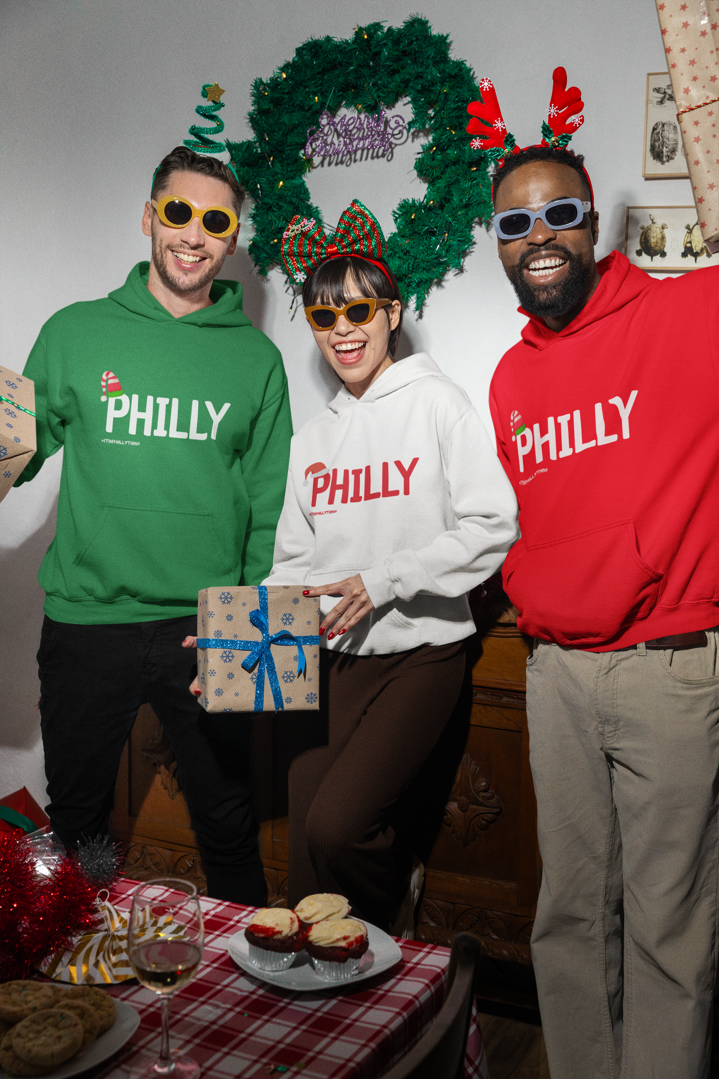 Philly Christmas Hoodie - Festive Unisex Sweatshirt with Santa Hat Design, Perfect for Holiday Spirit, Cozy Winter Wear, and City Pride